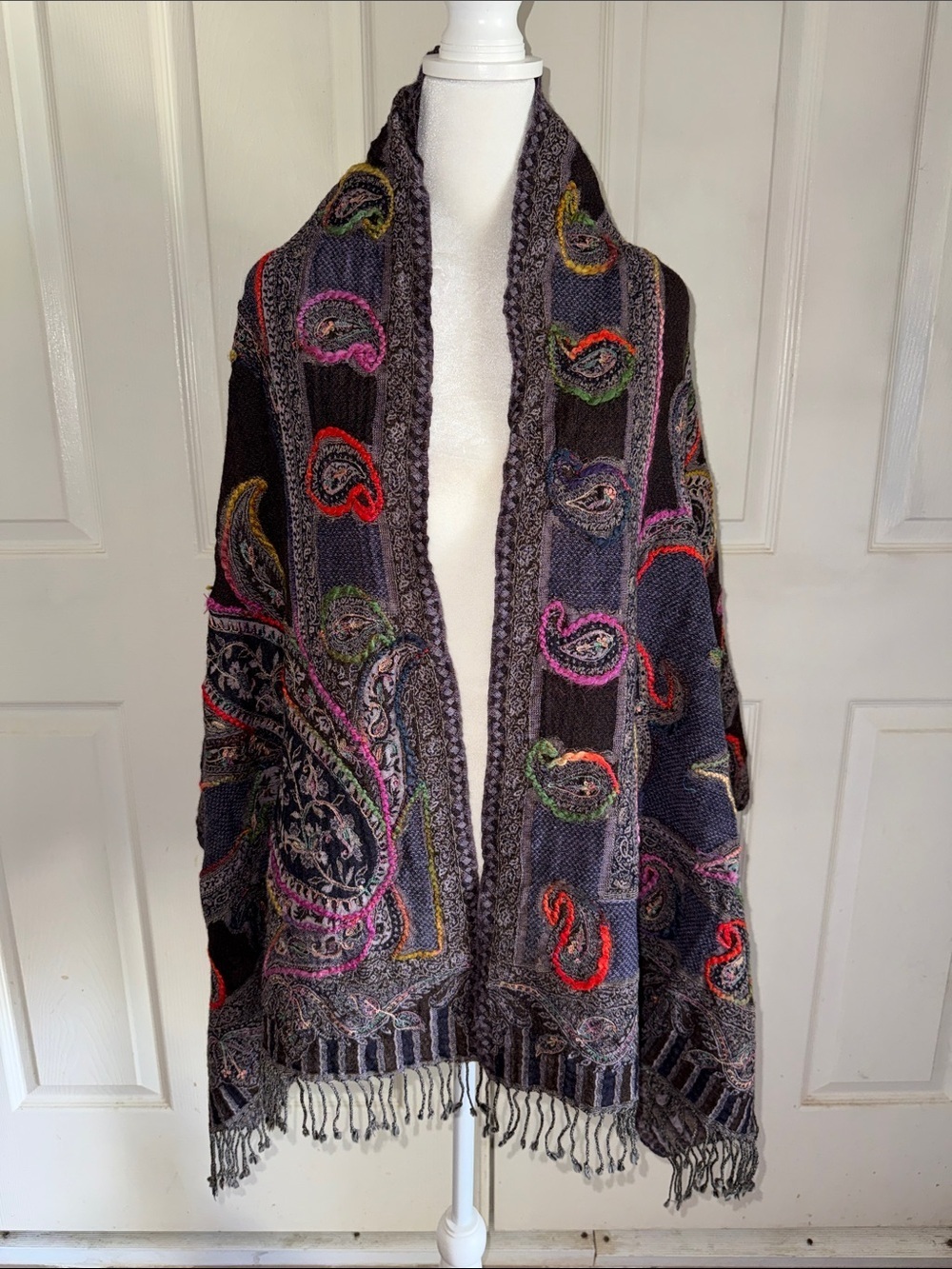 Wool Rainbow Paisley Woven Fringed Wrap/Scarf